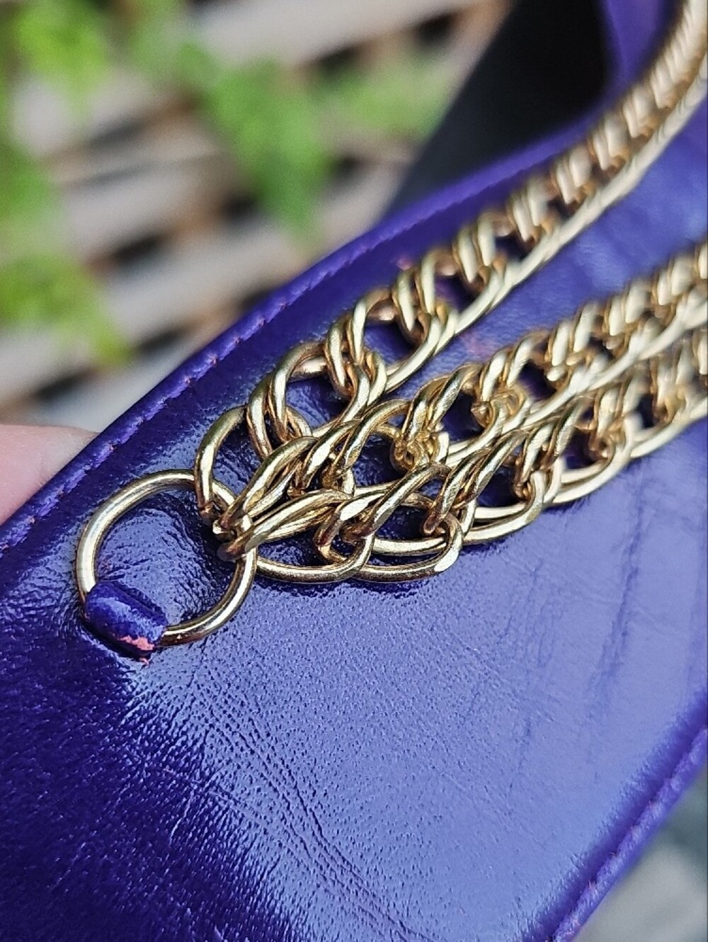 Vintage 80s Liz Claiborne Purple Leather Waist Belt with Gold Chain Accent